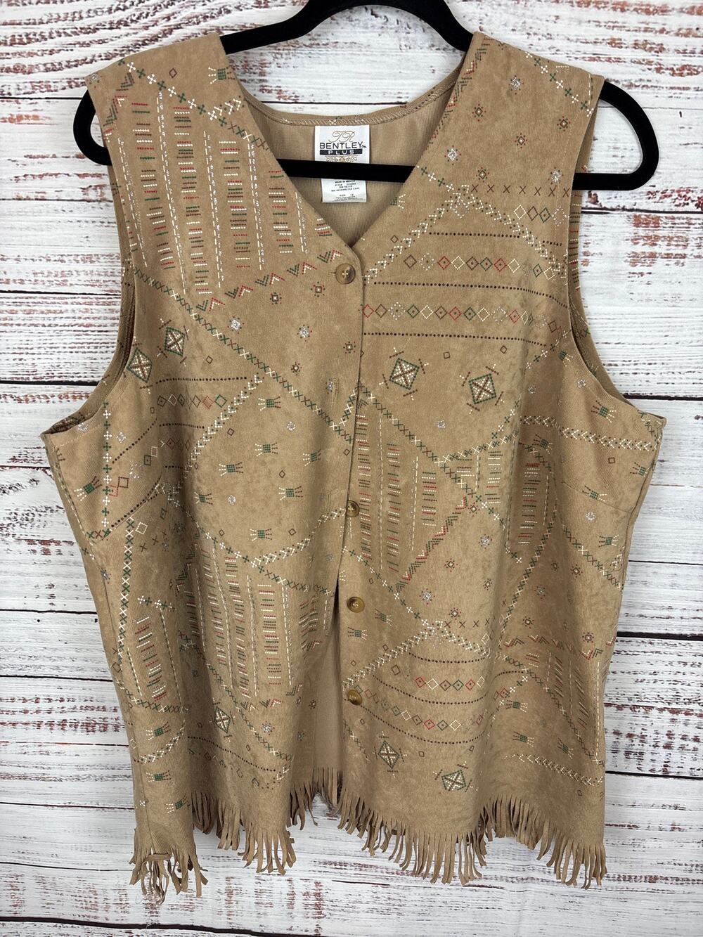 VTG Bentley Plus Tan Western Aztec Embroidered Southwest Fringe Vest Womens 1X